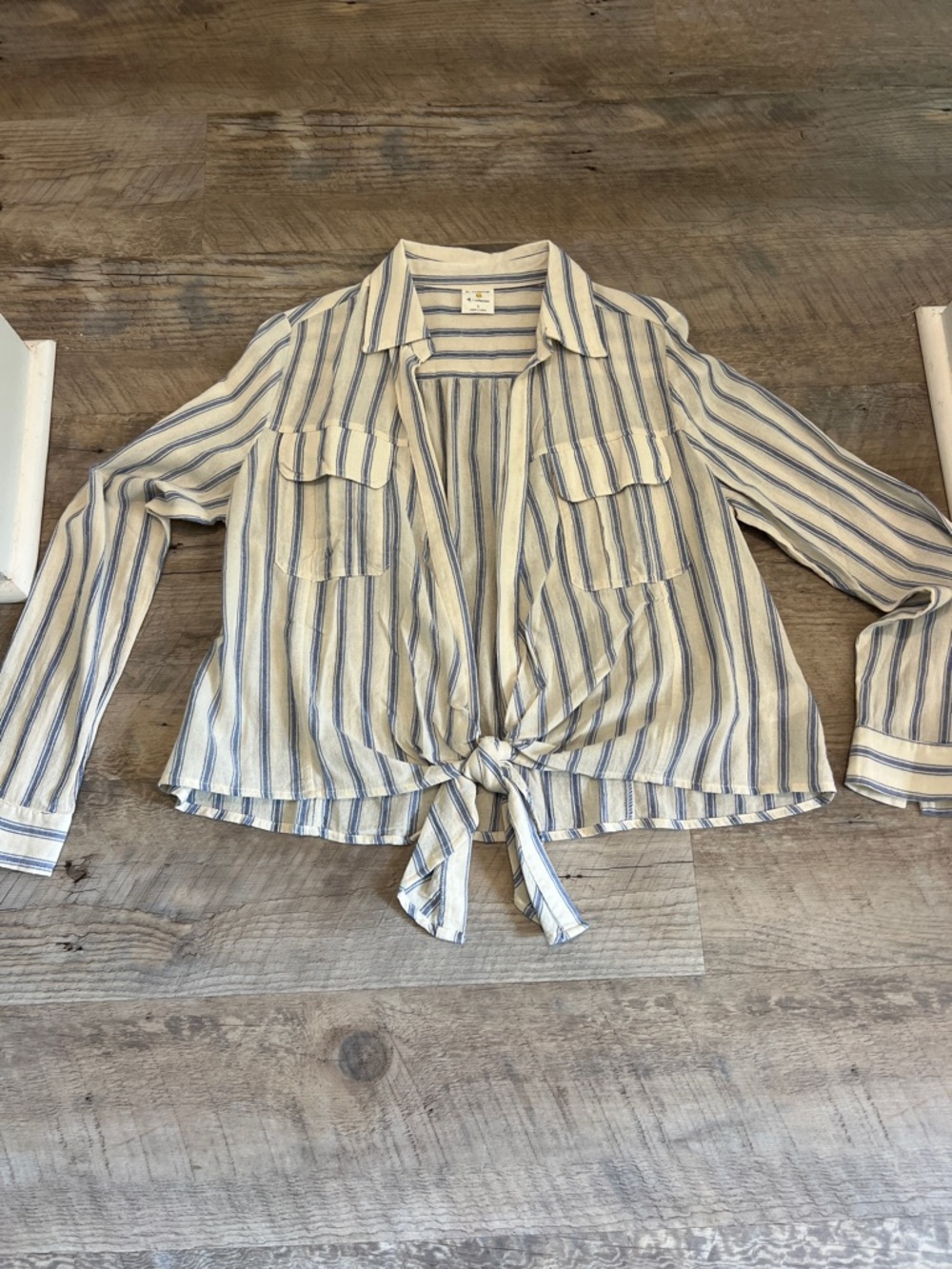 By Together Cream and Blue Striped Tie-Front Button Shirt
